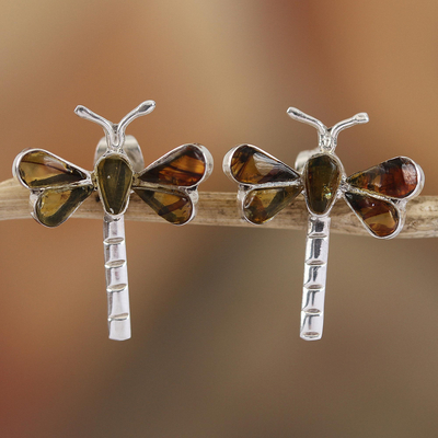 Amber drop earrings, 'Age-Old Dragonflies' - Amber Dragonfly Drop Earrings from Mexico