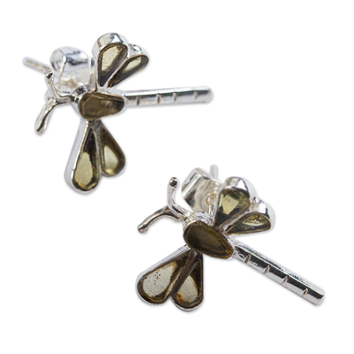 Amber drop earrings, 'Age-Old Dragonflies' - Amber Dragonfly Drop Earrings from Mexico