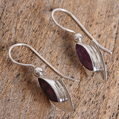 Amethyst drop earrings, 'Amethyst Blades' - Taxco Silver Modern Amethyst Drop Earrings from Mexico