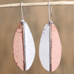 Sterling silver and copper dangle earrings, 'Rippling Leaves' - Leaf-Shaped Sterling Silver and Copper Dangle Earrings