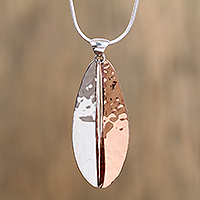 Sterling silver and copper pendant necklace, 'Rippling Leaf' - Leaf-Shaped Sterling Silver and Copper Pendant Necklace