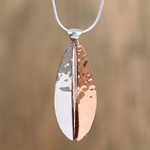 Sterling silver and copper pendant necklace, 'Rippling Leaf' - Leaf-Shaped Sterling Silver and Copper Pendant Necklace