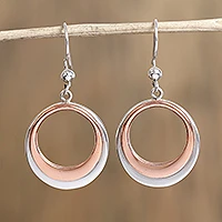 Sterling silver and copper dangle earrings, 'Eclipsed Circle' - Circular Sterling Silver and Copper Dangle Earrings