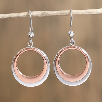 Sterling silver and copper dangle earrings, Eclipsed Circle
