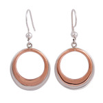 Sterling silver and copper dangle earrings, 'Eclipsed Circle' - Circular Sterling Silver and Copper Dangle Earrings