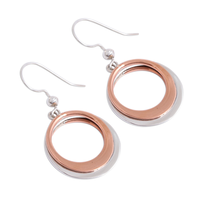 Sterling silver and copper dangle earrings, 'Eclipsed Circle' - Circular Sterling Silver and Copper Dangle Earrings