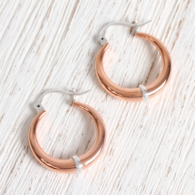 Sterling silver accented copper hoop earrings, 'Copper Crescents' - Sterling Silver and Copper Hoop Earrings from Mexico