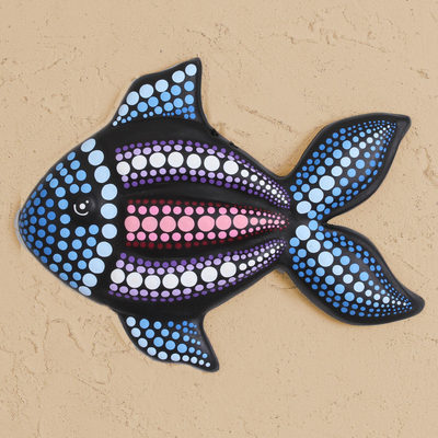 Ceramic wall art, 'Black Fish' - Hand-Painted Ceramic Fish Wall Art from Mexico