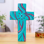 Ceramic wall cross, 'Infinite Faith' - Ceramic Wall Cross in Turquoise from Mexico