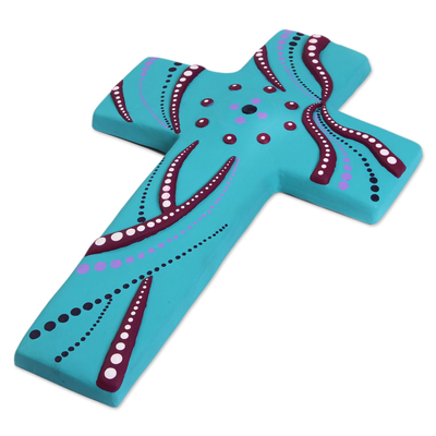 Ceramic wall cross, 'Infinite Faith' - Ceramic Wall Cross in Turquoise from Mexico