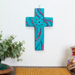Ceramic wall cross, 'Infinite Faith' - Ceramic Wall Cross in Turquoise from Mexico