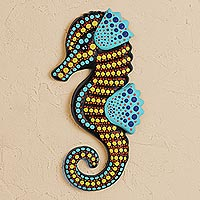Arte de pared de cerámica, 'Caballito de mar festivo' - Arte de pared de caballito de mar de cerámica pintado a mano de México