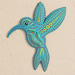 Hand-Painted Ceramic Hummingbird Wall Art from Mexico, 'Turquoise Hummingbird'