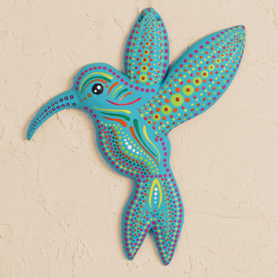 Ceramic wall art, 'Turquoise Hummingbird' - Hand-Painted Ceramic Hummingbird Wall Art from Mexico