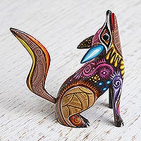 Wood alebrije figurine, 'Mystical Coyote' - colourful Copal Wood Alebrije Coyote Figurine from Mexico