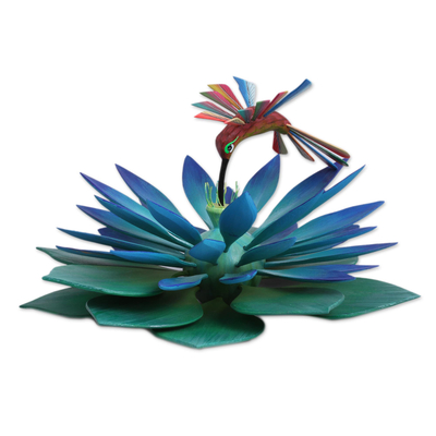 Colorful Handcrafted Hummingbird and Lotus Wood Sculpture