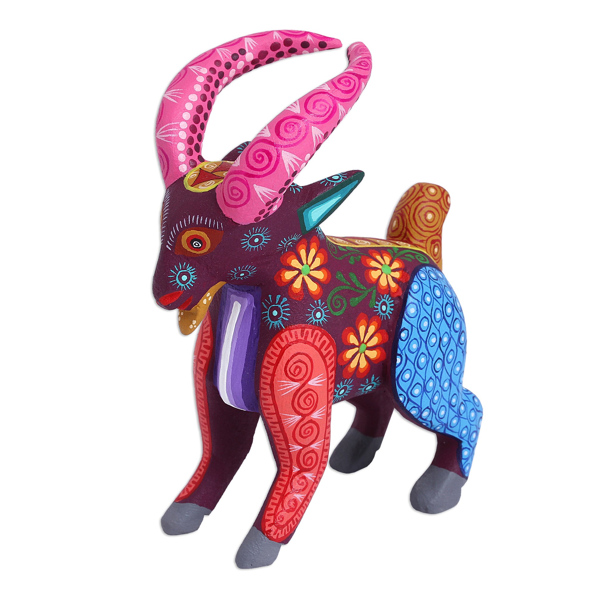 HandPainted Wood Alebrije Goat Figurine from Mexico PinkHorned Goat