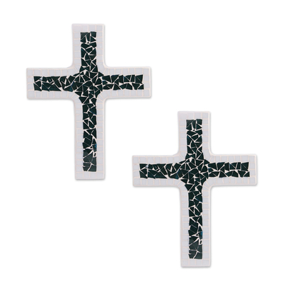 Glass mosaic wall crosses, 'Divine Faith' (pair) - Dark Turquoise and White Glass Mosaic on Wood Crosses (Pair)
