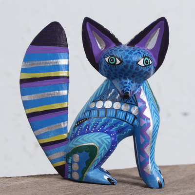 Wood alebrije sculpture, 'Cool Fox' - Handcrafted Wood Alebrije Fox Sculpture in Blue from Mexico