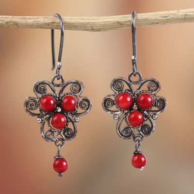 Sterling silver filigree dangle earrings, 'Red Succulence' - Sterling Silver Filigree Dangle Earrings with Red Glass Bead