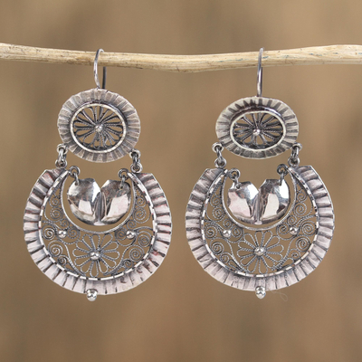 Sterling silver filigree dangle earrings, 'Flower Scrolls' - Floral Sterling Silver Filigree Dangle Earrings from Mexico