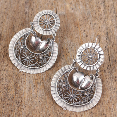 Pendientes colgantes de filigrana en plata de primera ley - Pendientes colgantes de filigrana de plata esterlina floral de México