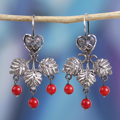 Sterling silver filigree chandelier earrings, Red Droplets