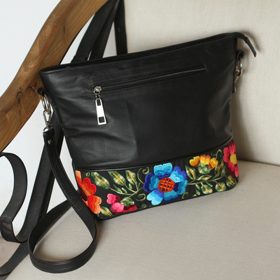 Cotton accent leather shoulder bag, Sophisticated Bouquet