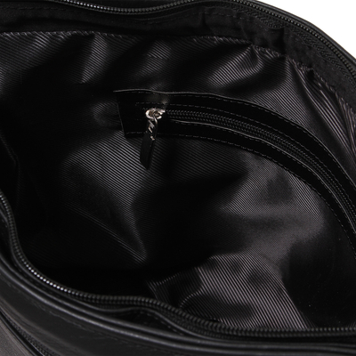 Umhängetasche aus Leder mit Baumwollakzenten - Schwarze Ledertragetasche mit besticktem Baumwollakzent aus Mexiko
