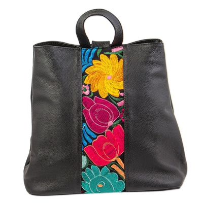Floral Cotton Accent Blue Leather Backpack from Mexico