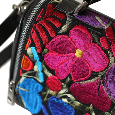 Cotton Accent Leather Handbag from Mexico - Oaxaca Delight | NOVICA
