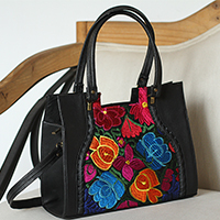 Leather shoulder bag with embroidered accent, 'Bouquet of Oaxaca' - Leather Shoulder Bag with Embroidered Accent from Mexico