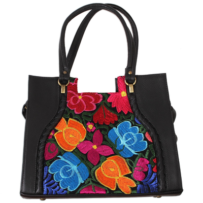 Leather shoulder bag with embroidered accent, 'Bouquet of Oaxaca' - Leather Shoulder Bag with Embroidered Accent from Mexico