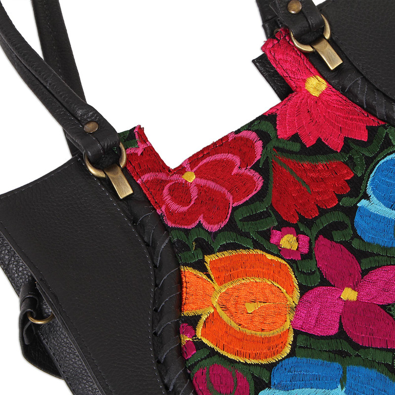 Leather Shoulder Bag with Embroidered Accent from Mexico