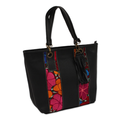 Floral Cotton Accent Blue Leather Tote from Mexico