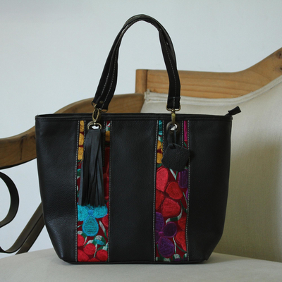 Floral Cotton Accent Blue Leather Tote from Mexico - Chiapas Beauty ...