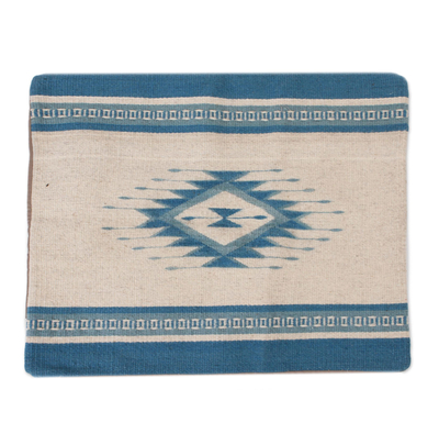 Zapotec wool cushion cover, 'Zapotec Azure' - Zapotec Wool Cushion Cover in Azure and Antique White