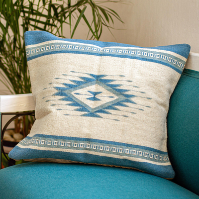 Zapotec wool cushion cover, 'Zapotec Azure' - Zapotec Wool Cushion Cover in Azure and Antique White