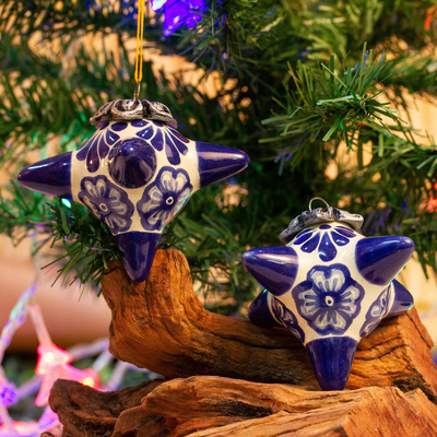 Ceramic ornaments, 'Floral Pinatas' (pair) - Floral Ceramic Ornaments in White and Blue (Pair)