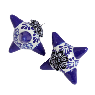 Ceramic ornaments, 'Floral Pinatas' (pair) - Floral Ceramic Ornaments in White and Blue (Pair)