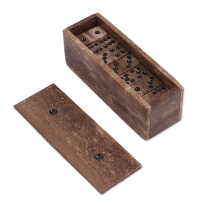 Marble domino set, 'Rise to the Challenge' - Brown Marble Domino Set from Mexico