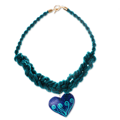 Heart-Shaped Wood Braided Pendant Necklace from Mexico
