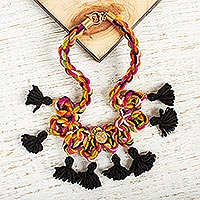 Gold accented wool braided pendant necklace, 'Faithful Colors' - Gold Accented Braided Pendant Necklace with Tassels