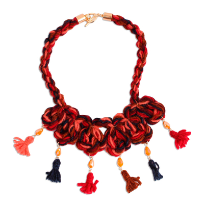 Wool Braided Pendant Necklace with Glass Beads from Mexico