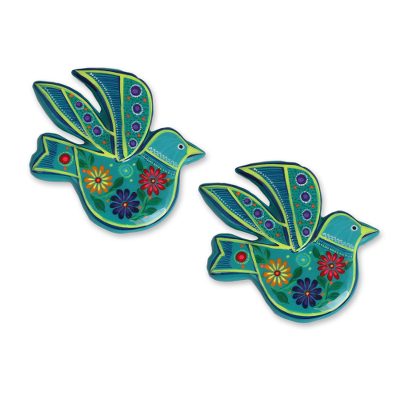 Ceramic ornaments, 'Delightful Doves in Teal' (pair) - Teal and Colorful Floral Motif Ceramic Dove Ornaments (Pair)