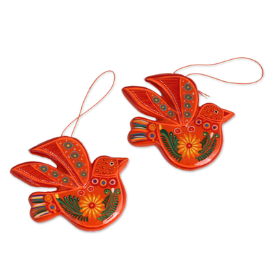 Ceramic ornaments, 'Orange Doves' (pair) - Colorful Flowers on Orange Ceramic Dove Ornaments (Pair)