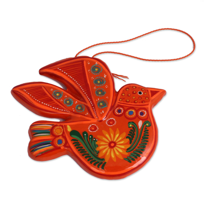 Adornos de cerámica, (par) - Flores de colores sobre adornos de paloma de cerámica naranja (par)