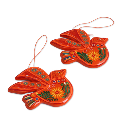 Ceramic ornaments, 'Orange Doves' (pair) - colourful Flowers on Orange Ceramic Dove Ornaments (Pair)