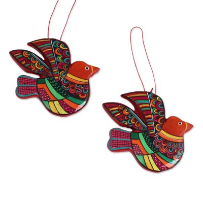 Ceramic ornaments, 'Multicolored Doves' (pair) - Multi-Color Hand Painted Ceramic Dove Ornaments (Pair)