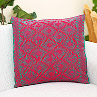 Cotton cushion cover, 'Ruby Geometry' - Cotton Cushion Cover in Ruby and Emerald from Mexico